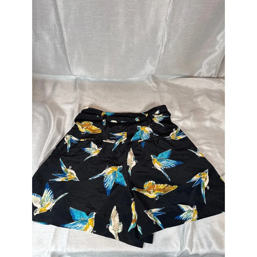 Zara Black Bird Print Tie Waist Shorts Womens XS‎ Casual Stylish